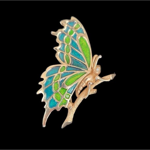 Marcel Boucher Vintage Gold Toned 2D Blue Green Enameled Butterfly Brooch Pin - Picture 1 of 12